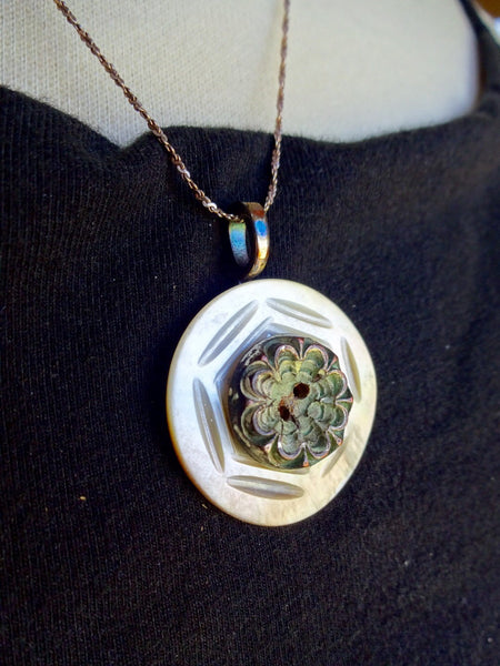 Handmade Vintage Mother of Pearl Button Layered Pendant Necklace, Metal Verdigris Flower Button, 20" Sterling Silver Twist Chain, MPN203