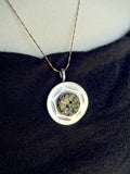 Handmade Vintage Mother of Pearl Button Layered Pendant Necklace, Metal Verdigris Flower Button, 20" Sterling Silver Twist Chain, MPN203
