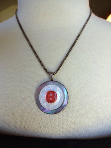 Vintage Carved Mother of Pearl Button Pendant Handmade Necklace with Sterling Silver Chain, MPN168