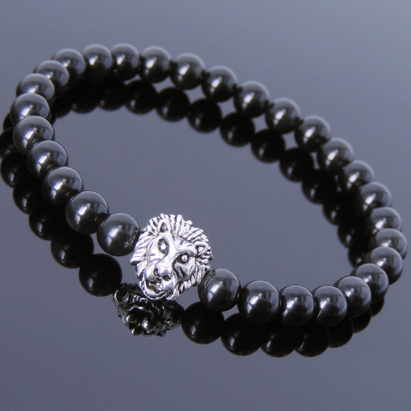 Black Obsidian Tibetan Silver Lion Head Bead Bracelet Yoga for Men Women DiyNotion Handmade T145