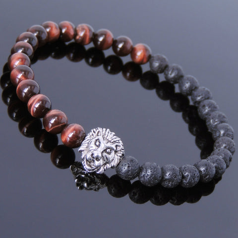 Red Tiger Eye Lava Rock Tibetan Silver Lion Head Bead Bracelet Yoga for Men Women DiyNotion Handmade T147