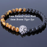 Brown Tiger Eye Lava Rock Tibetan Silver Lion Head Bead Bracelet Yoga for Men Women DiyNotion Handmade T148