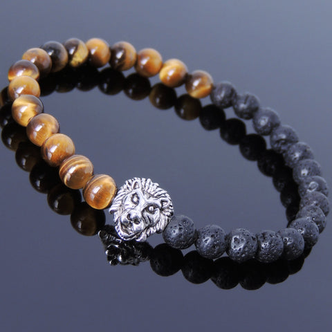 Brown Tiger Eye Lava Rock Tibetan Silver Lion Head Bead Bracelet Yoga for Men Women DiyNotion Handmade T148