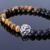 Brown Tiger Eye Lava Rock Tibetan Silver Lion Head Bead Bracelet Yoga for Men Women DiyNotion Handmade T148