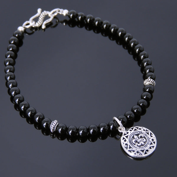 Men's Women Bright Black Onyx 925 Sterling Silver Bracelet Fleur de Lis Pendant Gemstone DiyNotion Handmade BR736