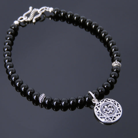 Men's Women Bright Black Onyx 925 Sterling Silver Bracelet Fleur de Lis Pendant Gemstone DiyNotion Handmade BR736