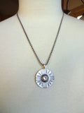 Vintage Carved White MOP Button Pendant Necklace, Mother of Pearl, Rhinestone Button, Sterling Silver Chain, Layered Button Necklace, MPN164