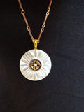 Vintage White Carved MOP Button Pendant Necklace, Mother of Pearl, Gold Rhinestone Button, Gold Plated Bar Link Chain, 31", MPN167