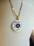 Vintage White Carved MOP Button Pendant Necklace, Mother of Pearl, Gold Rhinestone Button, Gold Plated Bar Link Chain, 31", MPN167