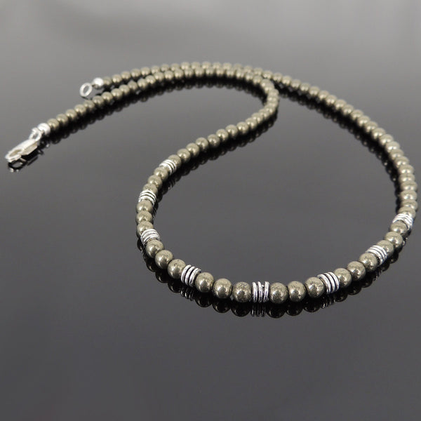 Men's Women Natural Pyrite Sterling Silver Necklace Gemstone 925 Beads Clasp DiyNoion Handmade NK107