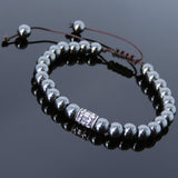 Men's Women Hematite Adjustable Braided Bracelet 925 Sterling Silver Fleur de Lis Bead DiyNotion BR774