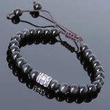 Men's Women Black Obsidian Adjustable Braided Bracelet 925 Sterling Silver Fleur de Lis Bead DiyNotion BR779