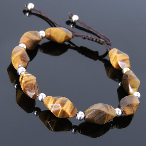 Men's Women Twisted Tiger Eye Adjustable Braided Bracelet 925 Sterling Silver Bead DiyNotion BR781