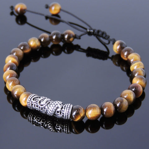 Men's Women Brown Tiger Eye Adjustable Braided Bracelet 925 Sterling Silver Dragon Charm DiyNotion BR783