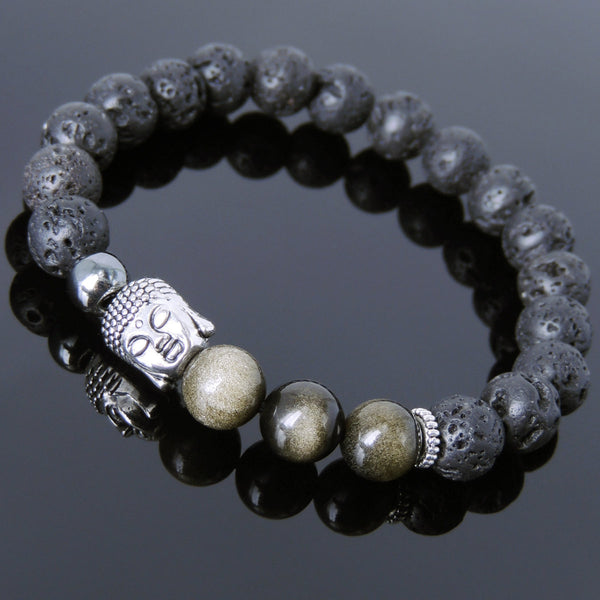 Men's Women Lava Rock Golden Obsidian Hematite Tibetan Silver Bracelet Sakyamuni Buddha Yoga Mala DiyNotion Handmade T210