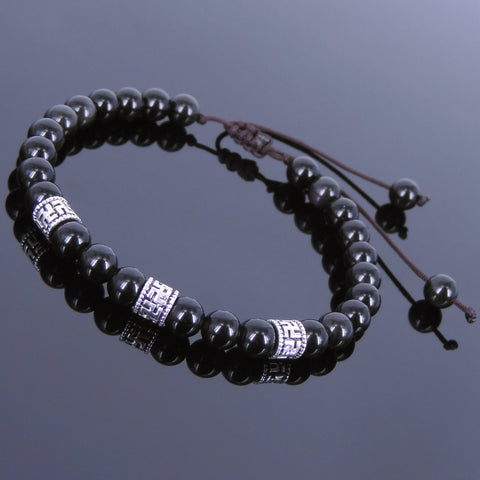 Men's Women Black Obsidian Adjustable Braided Bracelet Tibetan Silver OM Buddhism Spacers DiyNotion T105