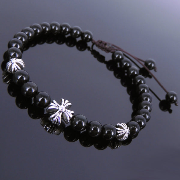 Men's Women Black Obsidian Adjustable Braided Bracelet Tibetan Silver Cross Beads DiyNotion T109