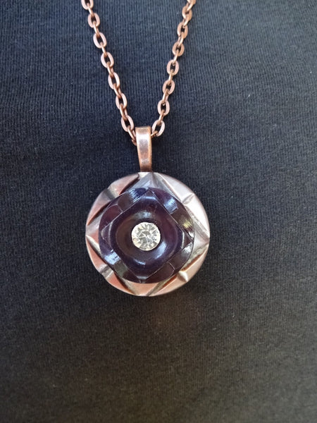 Vintage Carved MOP Button Pendant Necklace, Mother of Pearl, Brown Casein Rhinestone Button Necklace, 20" Copper Chain, MPN185
