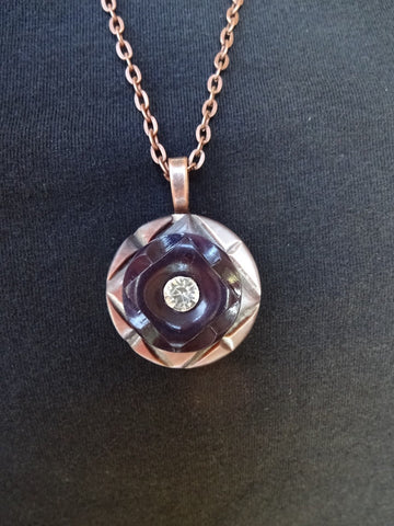 Vintage Carved MOP Button Pendant Necklace, Mother of Pearl, Brown Casein Rhinestone Button Necklace, 20" Copper Chain, MPN185