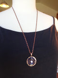 Vintage Carved MOP Button Pendant Necklace, Mother of Pearl, Brown Casein Rhinestone Button Necklace, 20" Copper Chain, MPN185