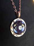 Vintage Carved MOP Button Pendant Necklace, Mother of Pearl, Brown Casein Rhinestone Button Necklace, 20" Copper Chain, MPN185