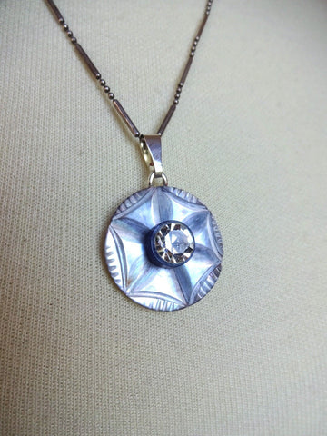 Vintage Smoky Carved MOP Button Pendant Necklace, Mother of Pearl, Rhinestone Button, Blue Casein Button, Sterling Silver Chain, MPN186