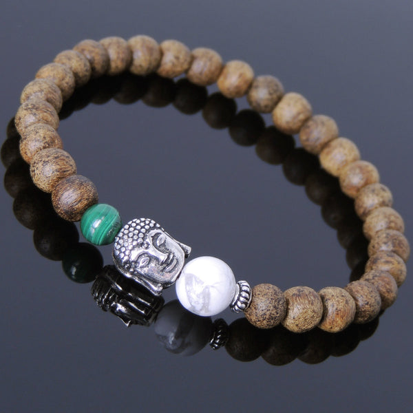 Men's Women Golden Agarwood Malachite White Howlite Bracelet 925 Sterling Silver Buddha Bead DiyNotion Handmade BR700