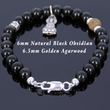 Men's Women Black Obsidian 925 Sterling Silver Agarwood Bracelet Guanyin Pendant DiyNotion Handmade BR706