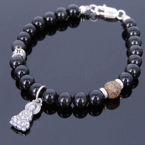 Men's Women Black Obsidian 925 Sterling Silver Agarwood Bracelet Guanyin Pendant DiyNotion Handmade BR706