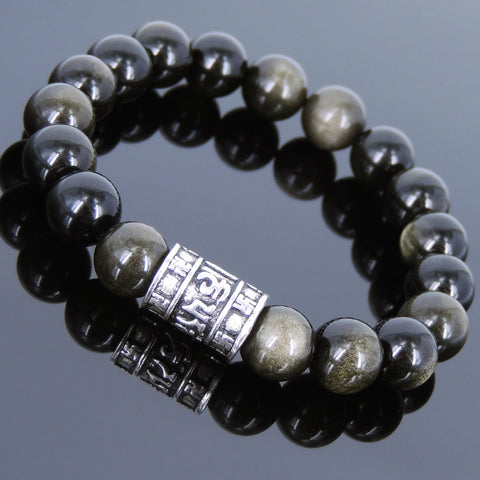 Men's Women Golden Obsidian Bracelet 925 Sterling Silver Buddhism OM Bead DiyNotion Handmade BR708