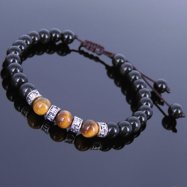 Men's Women Black Obsidian Tiger Eye Adjustable Braided Bracelet Tibetan Silver OM Spacers Buddhism DiyNotion T114