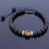 Men's Women Black Obsidian Tiger Eye Adjustable Braided Bracelet Tibetan Silver Spacers Buddhism DiyNotion T115