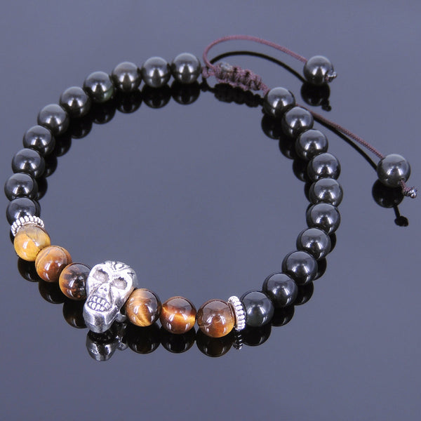 Men's Women Black Obsidian Tiger Eye Adjustable Braided Bracelet Tibetan Silver Skull DiyNotion T117